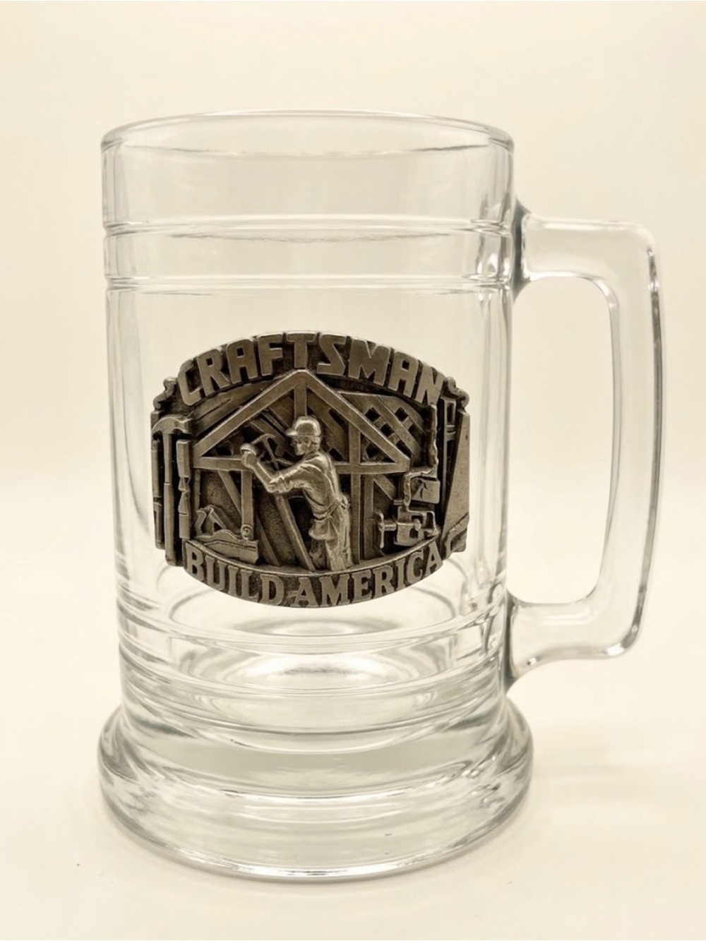 Vintage Craftsman “Build America” Glass Mug With Raised Pewter Emblem